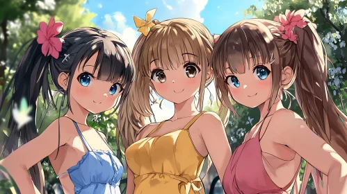 Three Anime Girls in Colorful Dresses Outdoors