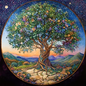Floral Tree Under Starry Night