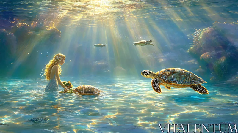 Oceanic Harmony: Woman and Sea Turtles AI Image