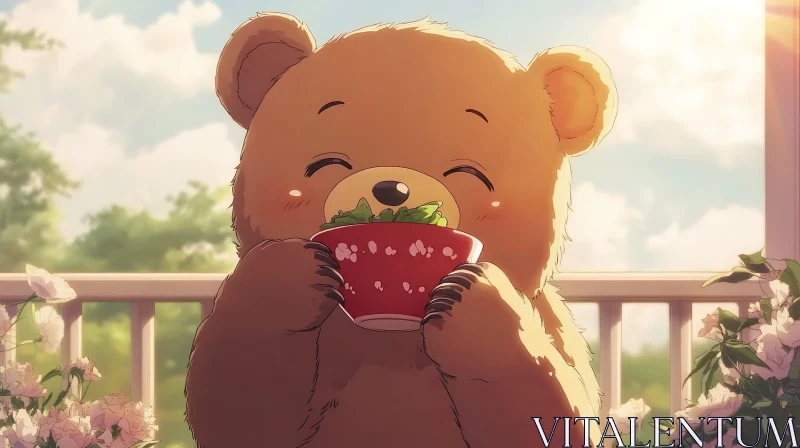 Cute Anime Bear with Red Cup in Nature AI Image