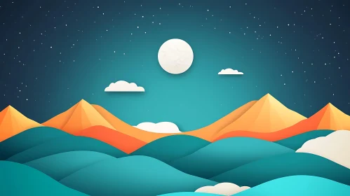 Serene Mountain and Moon Landscape Art