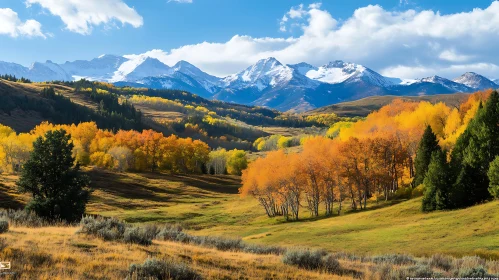 Scenic Autumn Landscape with Snow Mountains