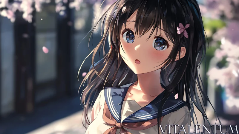 Cherry Blossoms and Anime Schoolgirl Portrait AI Image