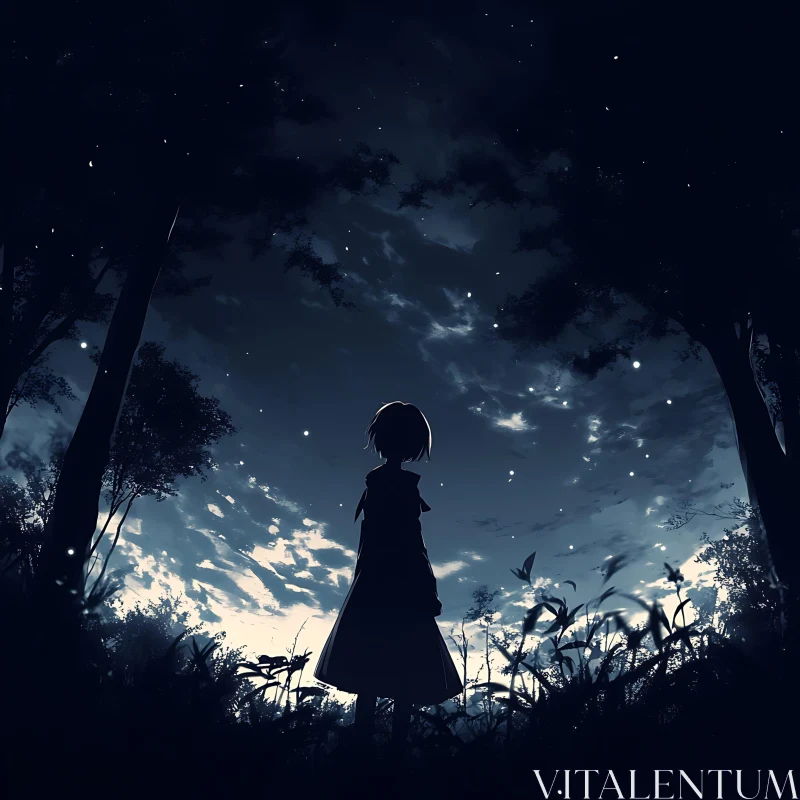 Girl Silhouette Under Starry Night Sky AI Image