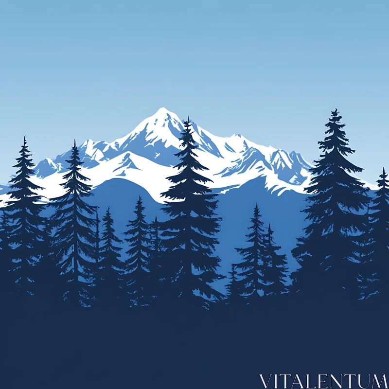 Snowy Peaks and Forest Silhouette AI Image