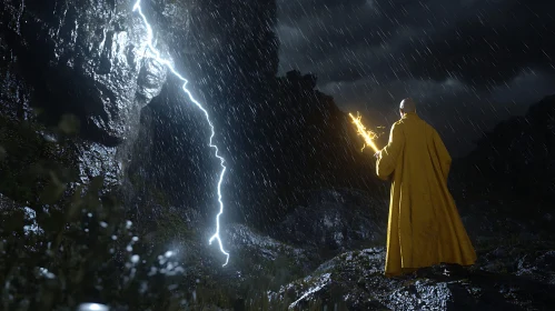 Mystical Wizard in Rain with Lightning