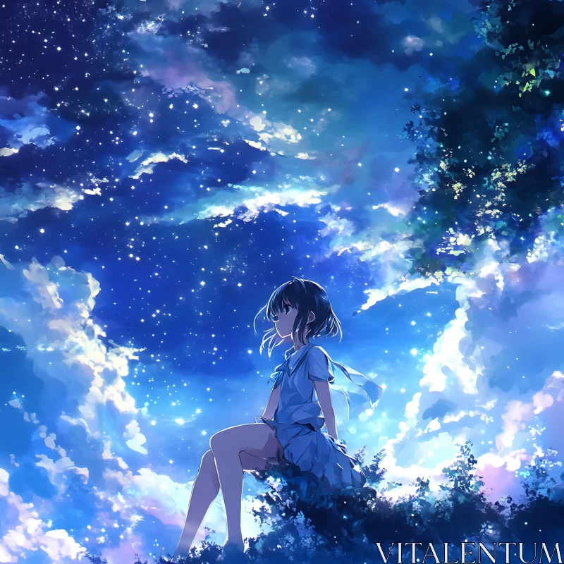 Contemplative Anime Girl in a Dreamy Night Sky Setting AI Image