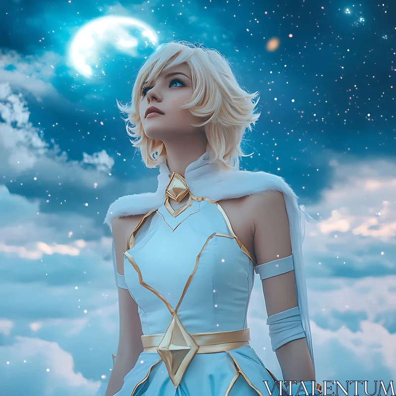 Mystical Anime Figure in Moonlit Clouds AI Image