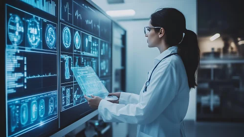 Woman Examining Medical Data on Screen