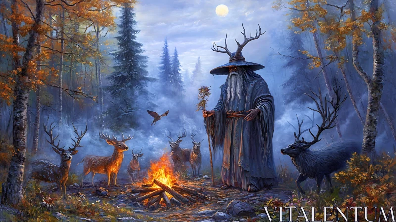 Misty Forest Gathering with Wizard and Deer AI Image