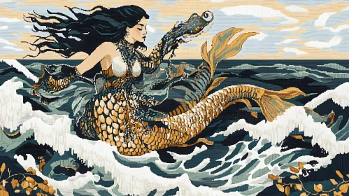 Golden Mermaid with Fish in Pixel Art