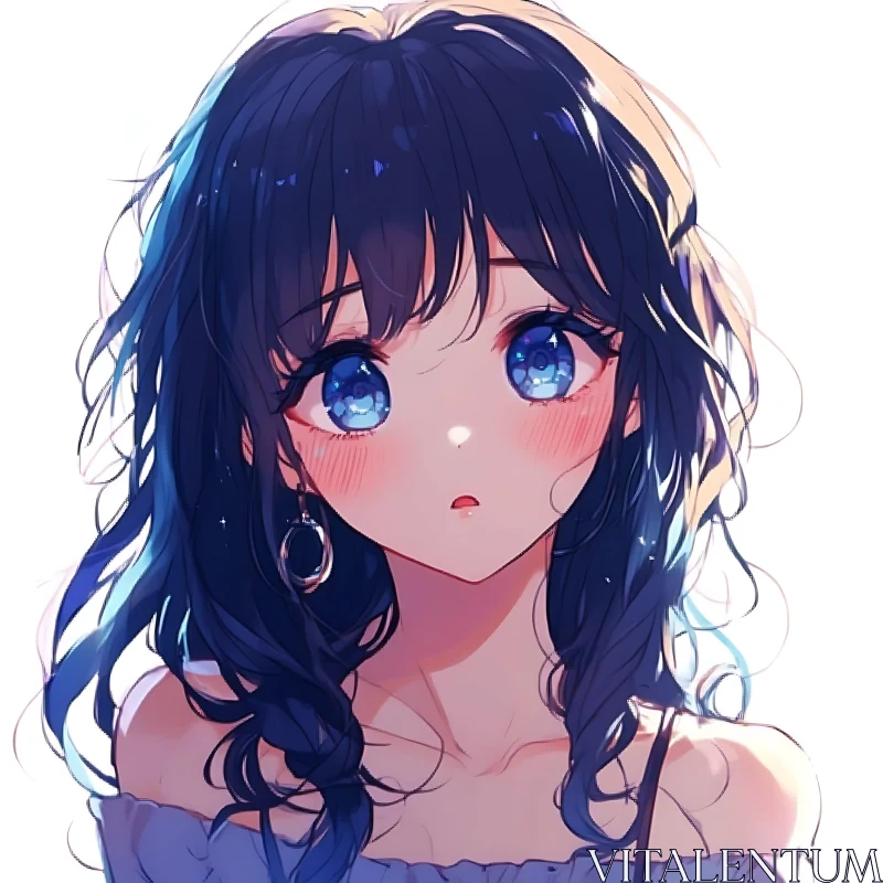 Anime Girl With Dark Curly Hair and Blue Eyes AI Image