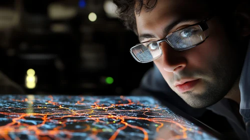 Man with Glasses Examining Glowing Data