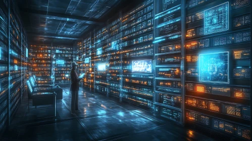 Data Center with Glowing Monitors