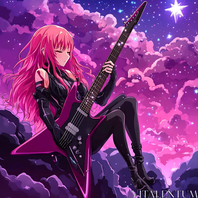 Anime Scene: Guitarist Floating in a Celestial Night Sky AI Image