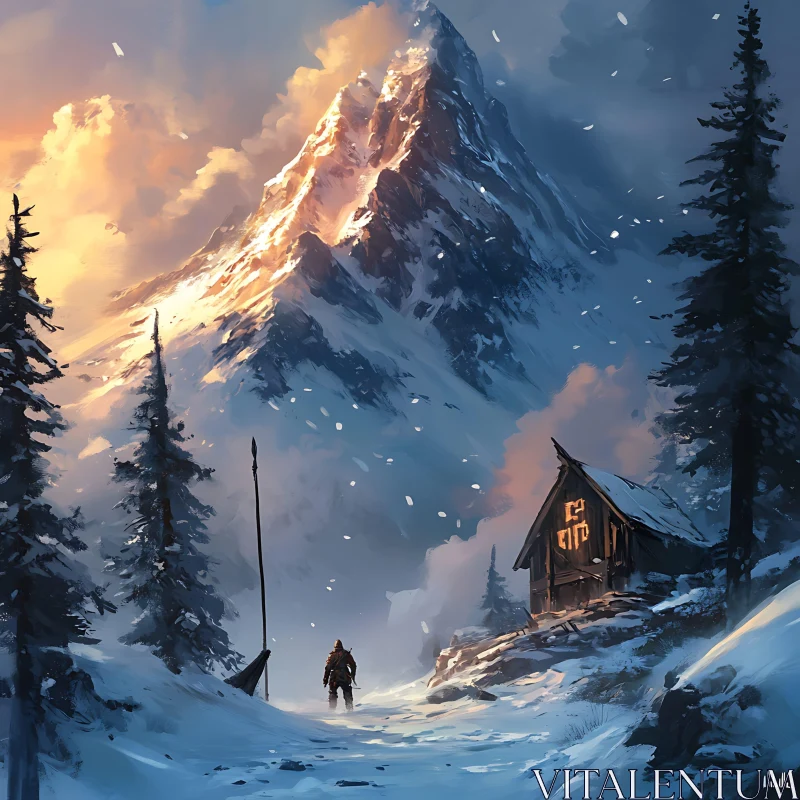 AI ART Snowy Mountain Cabin Landscape Art