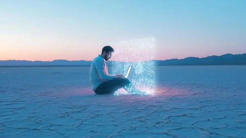 Man Coding in Desert Landscape