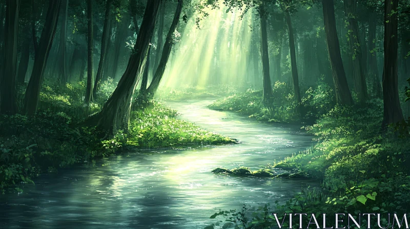 Sunlit Forest River Serene Nature AI Image