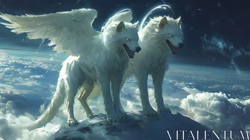 Ethereal Wolves with Wings Above the Clouds AI Image