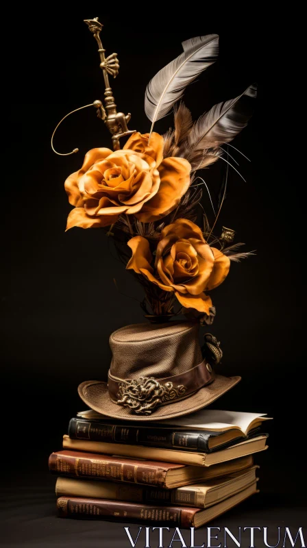 Captivating Surrealism: Brown Hat on Books with Floral Arrangements AI Image
