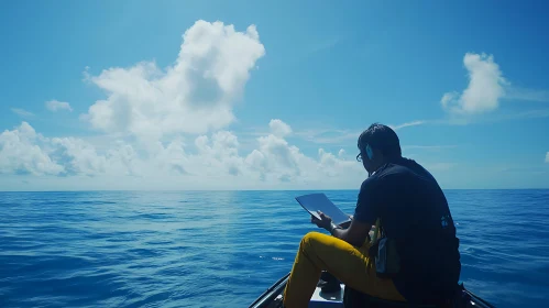 Man on Boat in the Middle of the Ocean