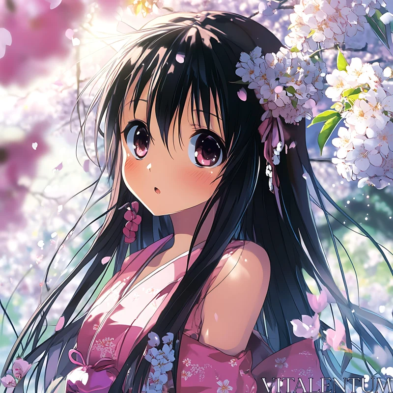 Anime Girl Under Cherry Blossoms AI Image