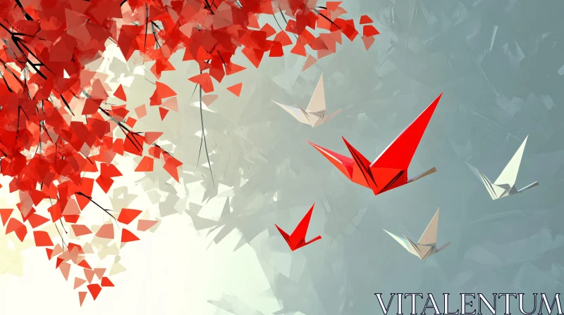 Paper Cranes Soaring Among Red Leaves AI Image