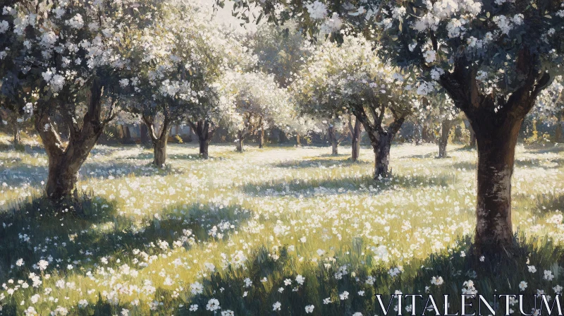 AI ART Blossoming Tree Field Bathed in Sunlight