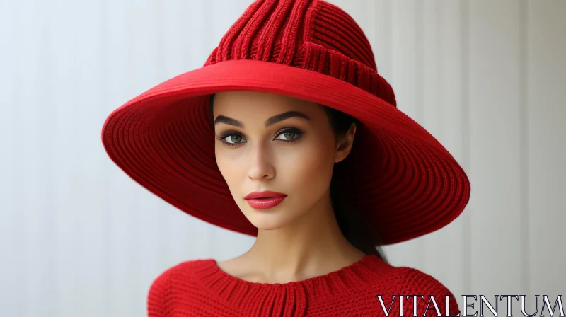 Exaggerated Facial Features: Effortlessly Chic Woman in Red Hat AI Image