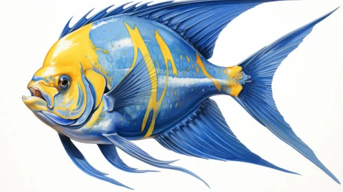 Exotic Blue and Yellow Fish Illustration with Sculptural Paint