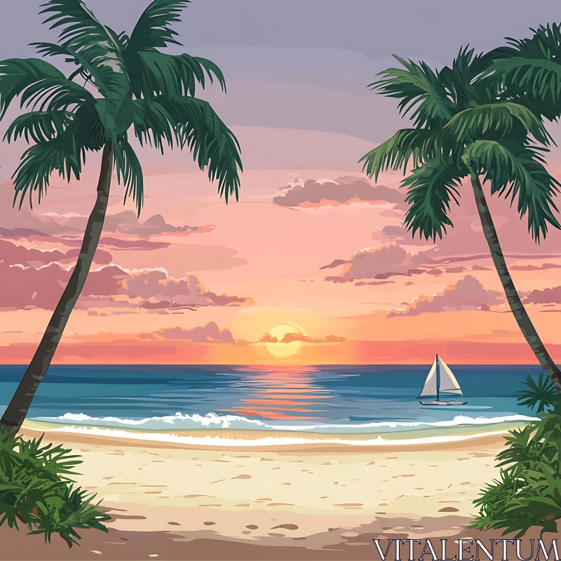 Tropical Sunset Beach Scene AI Image