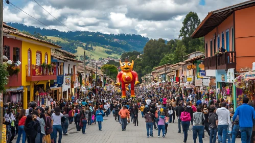 Crowded Street Scene with Landmark Figure