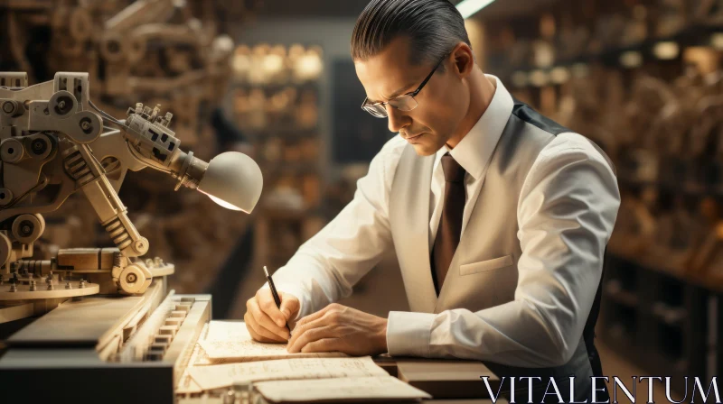 Man at Work in Vintage Library - Classical Precision and Exquisite Lighting AI Image