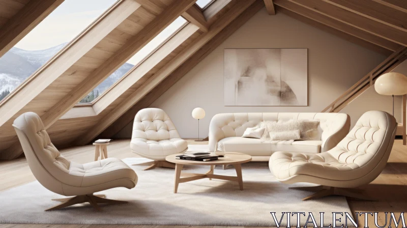 Swiss Style Attic Living Room with Organic Forms and Soft Tones AI Image