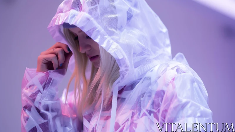 Translucent Rain Jacket and Purple Hair Girl Walking Outdoors at Night AI Image