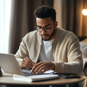 Man Writing Near Computer