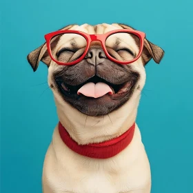 Charming Pug in Red Glasses and Collar