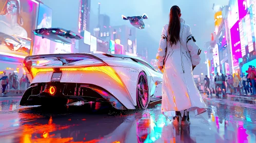 Sci-Fi Urban Night Scene with Hovering Cars and Neon Glow