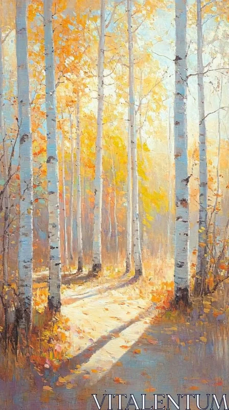 AI ART Sunlit Birch Trees in Autumn Forest