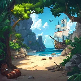 Cartoon Pirate Ship on a Sunny Island