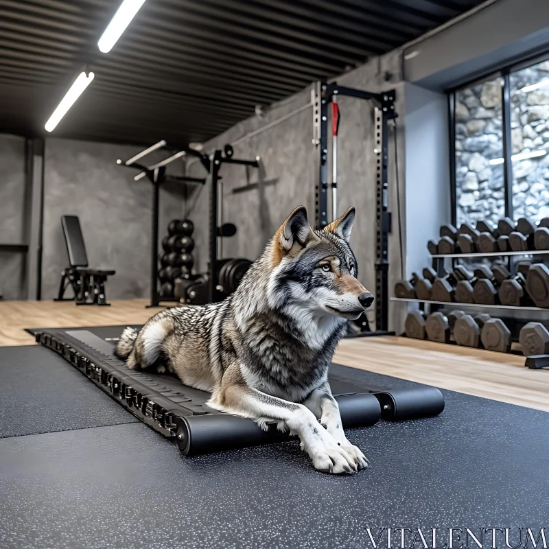 AI ART Wolf Resting in Modern Gym Setting