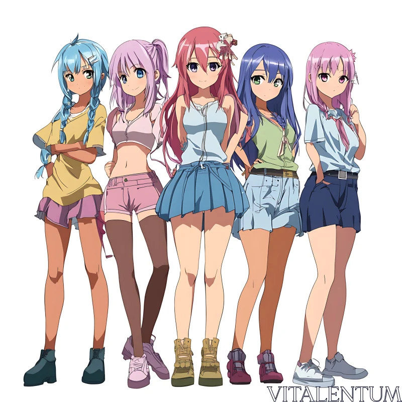 Colorful Anime Girls Group Illustration AI Image