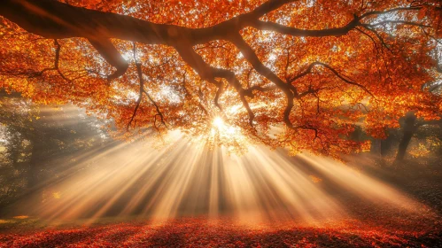 Autumn Forest with Sunlight Streaming Through Leaves