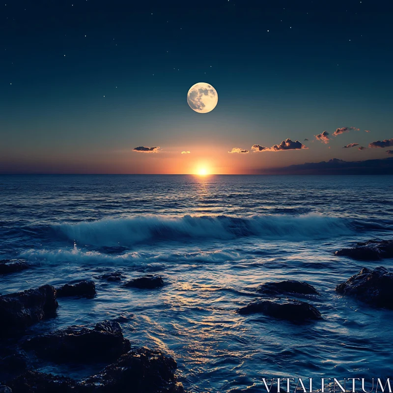 Tranquil Ocean View with Moon and Sunset AI Image