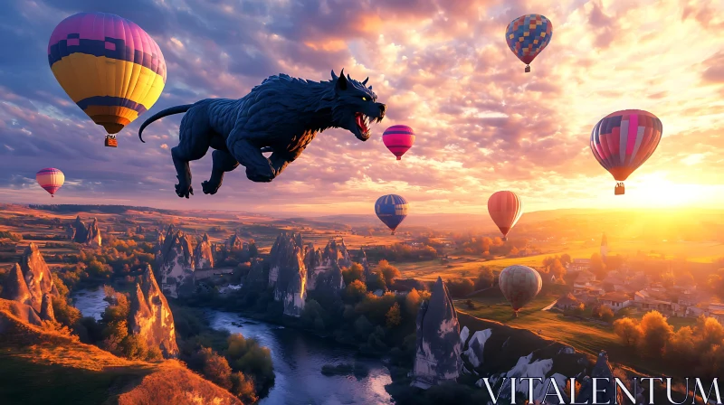 Surreal Wolf and Balloons Fantasy Art AI Image