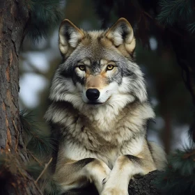 Wolf on a tree branch