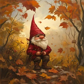 Gnome with Red Hat in Autumn Forest