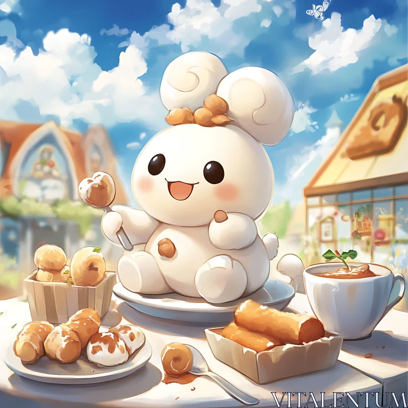 Fluffy Character with Desserts Illustration AI Image