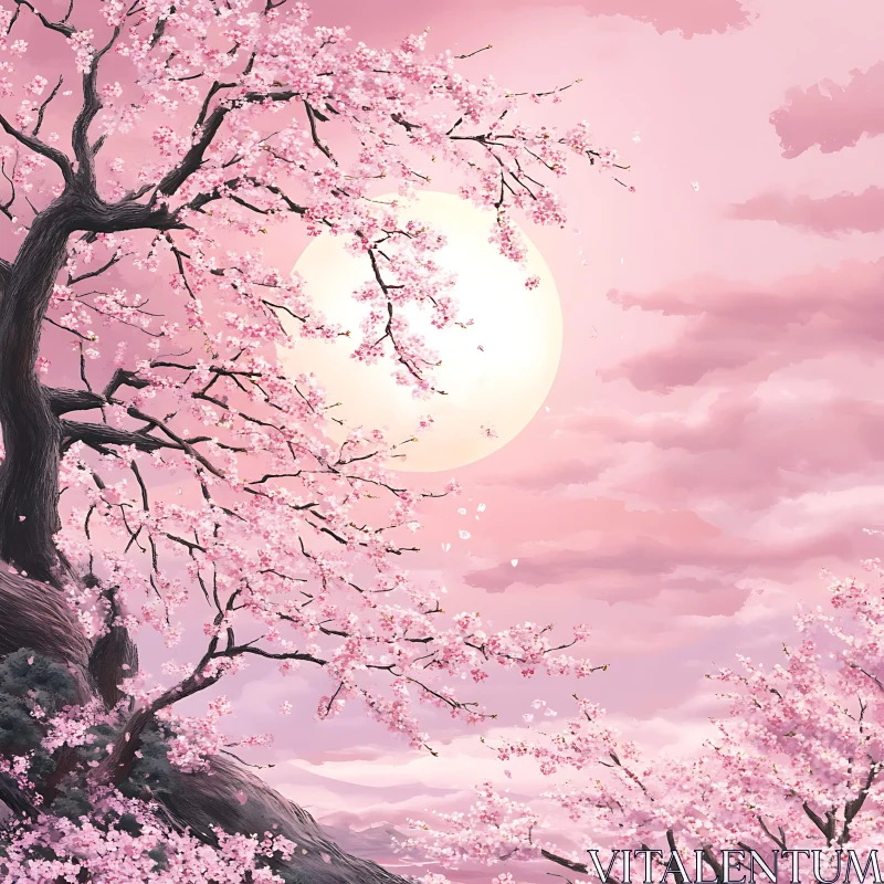 Serene Cherry Blossoms Under a Radiant Full Moon AI Image