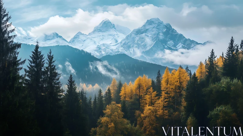 Snowy Peaks and Golden Forest Landscape AI Image